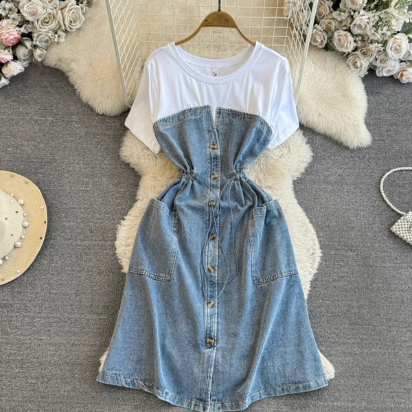 Elastic Drawstring Patchwork Denim Dress