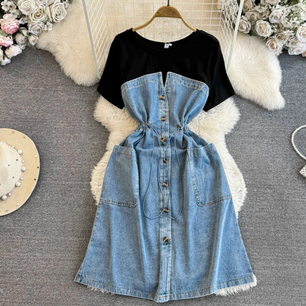 Elastic Drawstring Patchwork Denim Dress