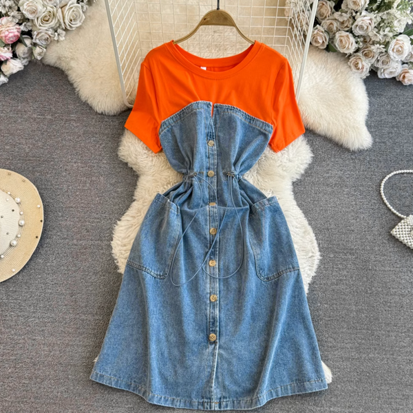 Elastic Drawstring Patchwork Denim Dress