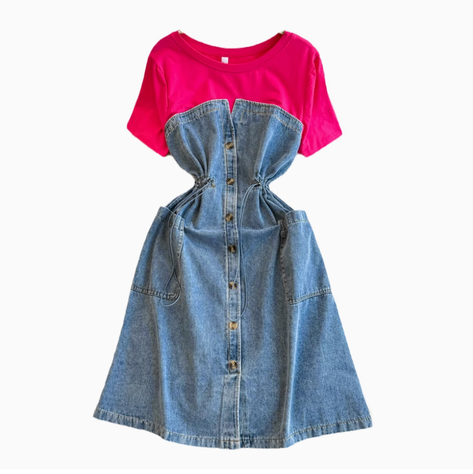 Elastic Drawstring Patchwork Denim Dress