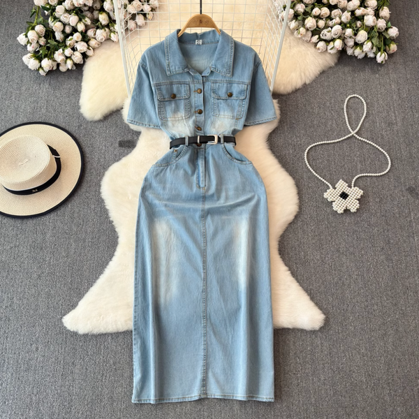 Simple Design Denim Dress with Belt