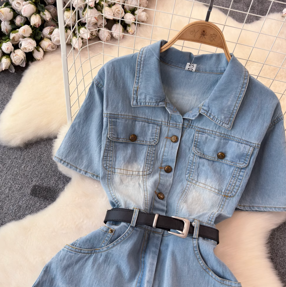 Simple Design Denim Dress with Belt