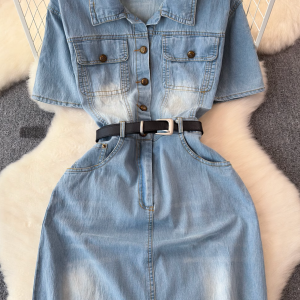Simple Design Denim Dress with Belt