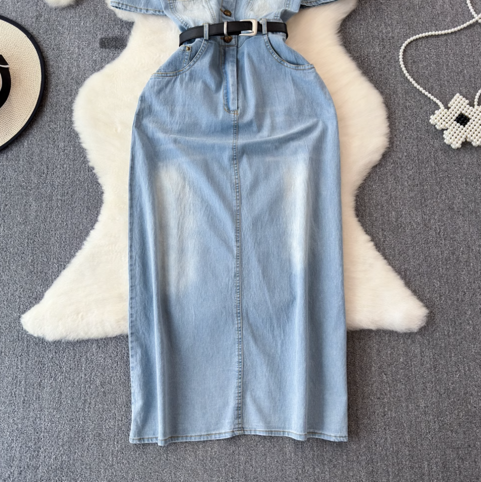 Simple Design Denim Dress with Belt