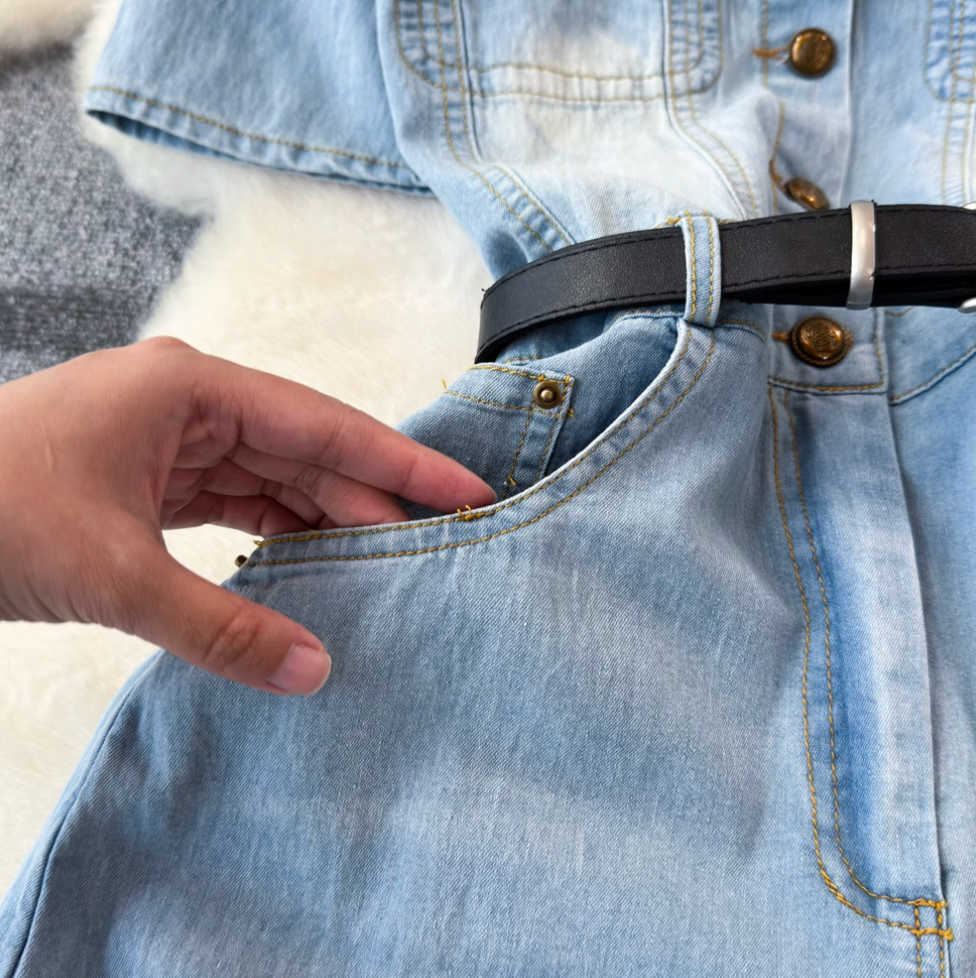 Simple Design Denim Dress with Belt