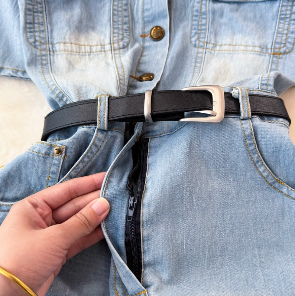 Simple Design Denim Dress with Belt