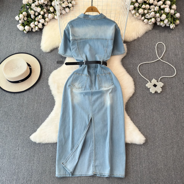 Simple Design Denim Dress with Belt