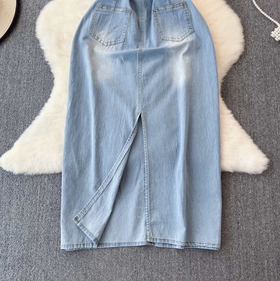 Simple Design Denim Dress with Belt