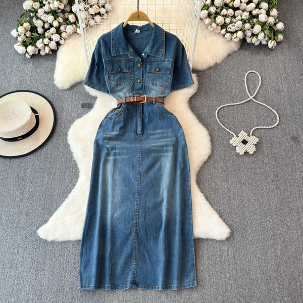 Simple Design Denim Dress with Belt