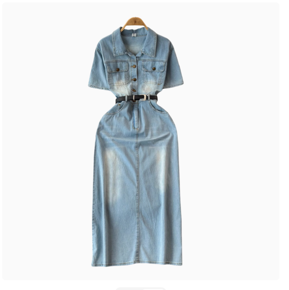 Simple Design Denim Dress with Belt