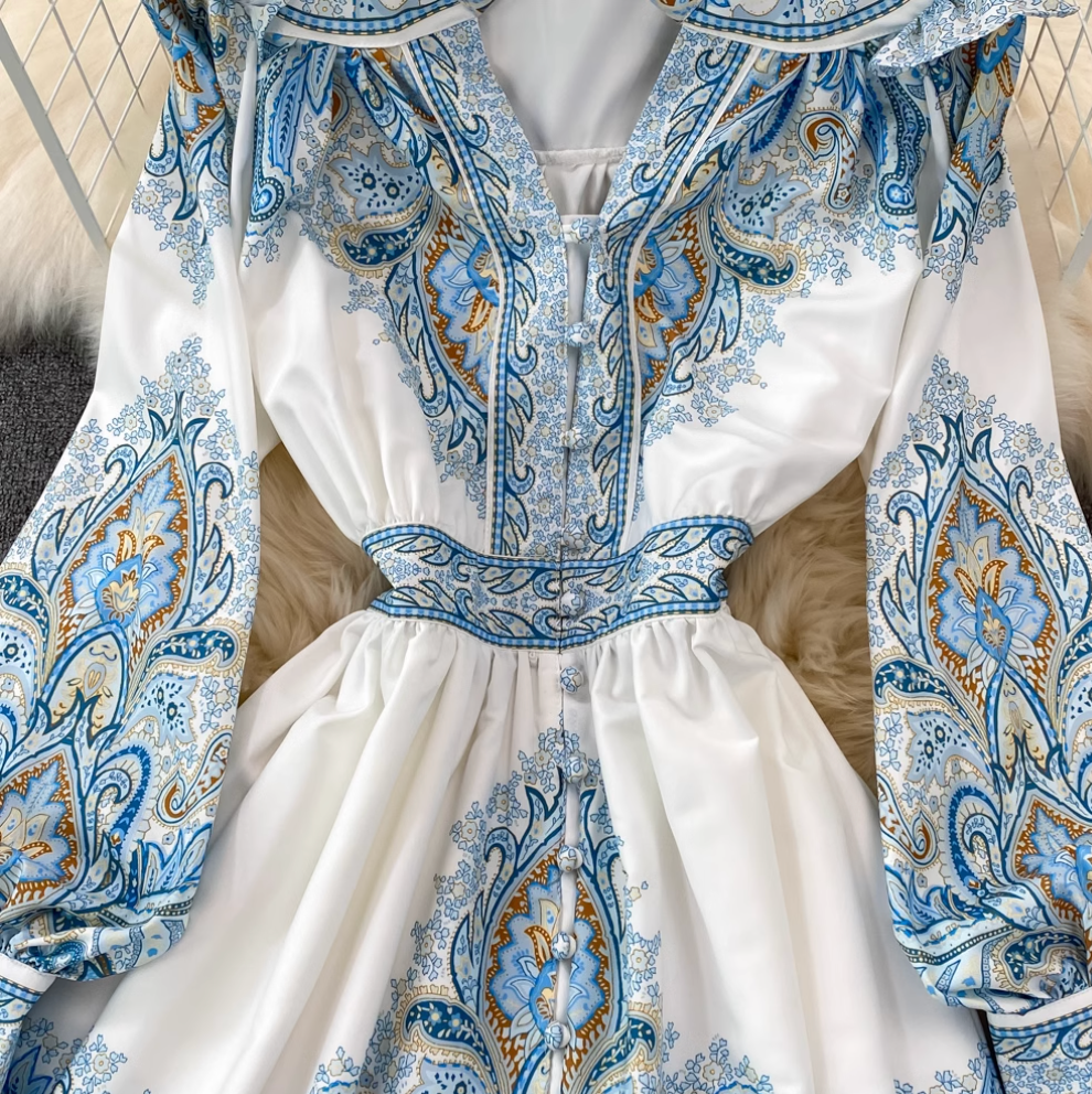 V-neck Floral Printed A-line Dress