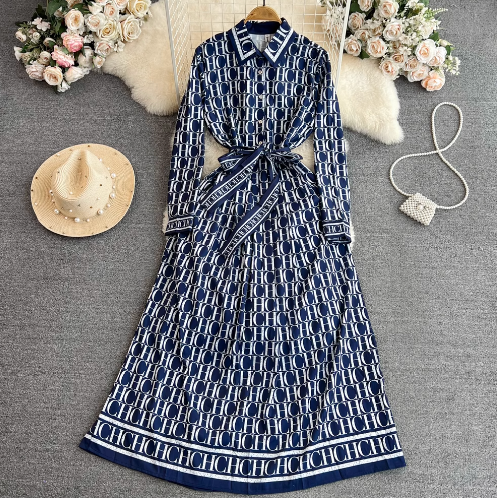 Vintage Monogrammed Print Shirt Dress