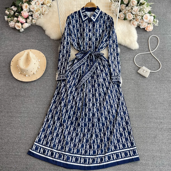 Vintage Monogrammed Print Shirt Dress