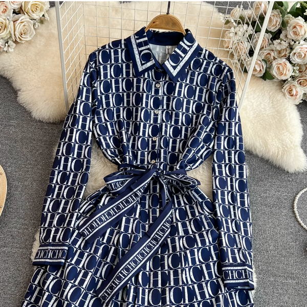 Vintage Monogrammed Print Shirt Dress