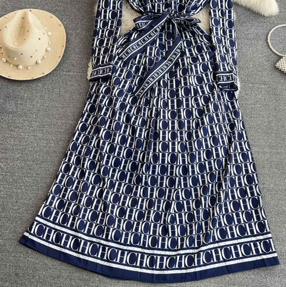 Vintage Monogrammed Print Shirt Dress