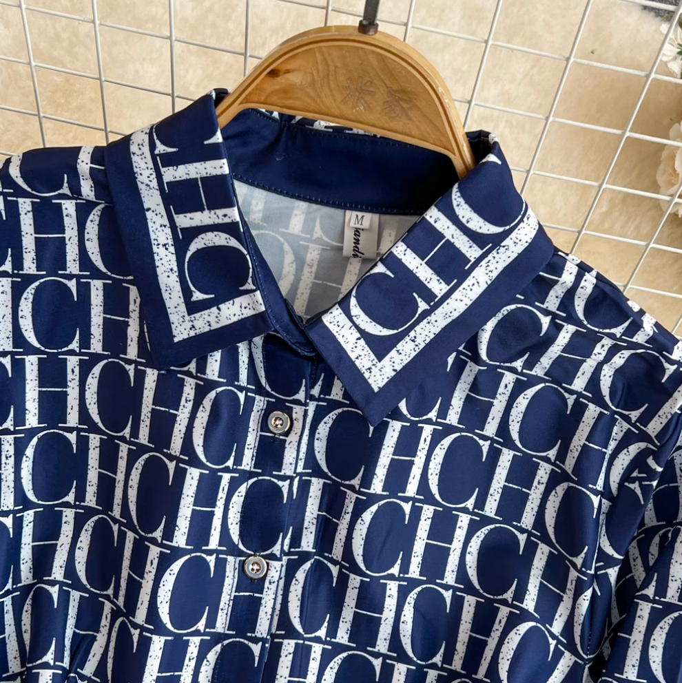 Vintage Monogrammed Print Shirt Dress