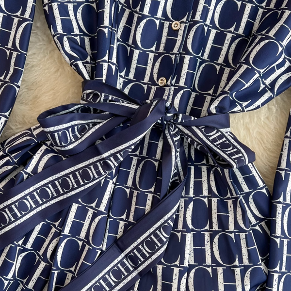 Vintage Monogrammed Print Shirt Dress