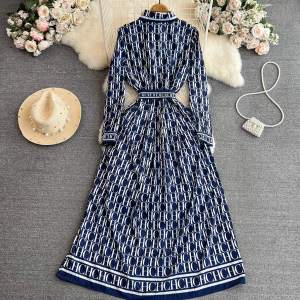 Vintage Monogrammed Print Shirt Dress