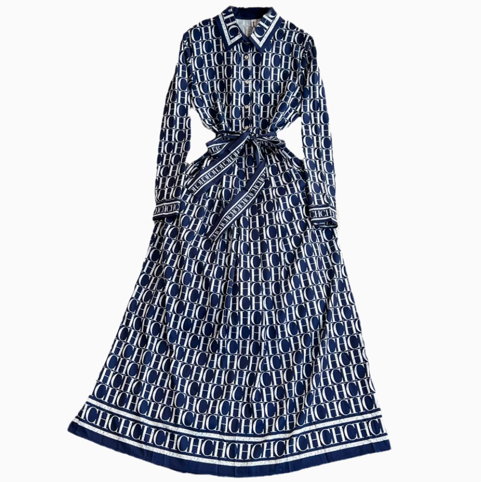 Vintage Monogrammed Print Shirt Dress