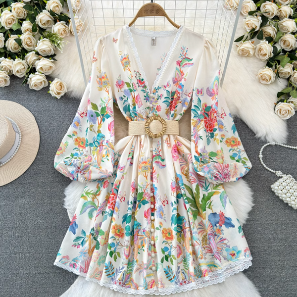 V-neck Courtly Floral Printed Dress