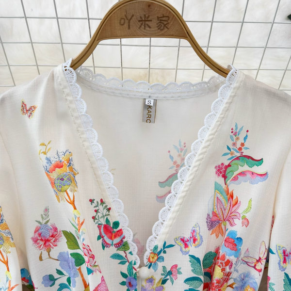 V-neck Courtly Floral Printed Dress