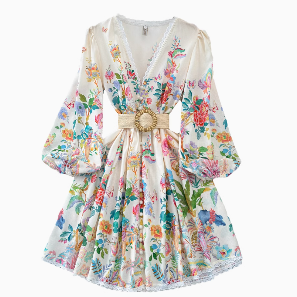 V-neck Courtly Floral Printed Dress