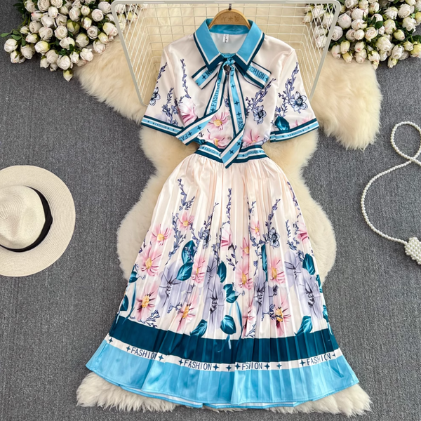 Lace-up Pleated Floral Shirt Dress