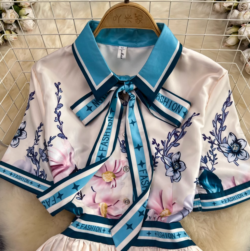 Lace-up Pleated Floral Shirt Dress