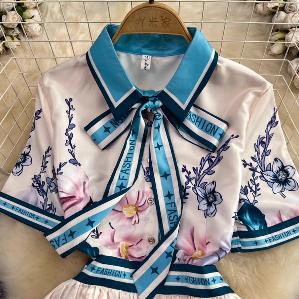 Lace-up Pleated Floral Shirt Dress