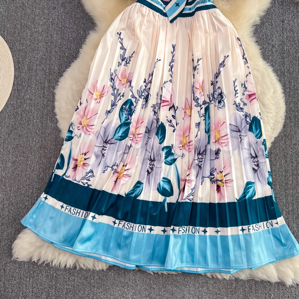 Lace-up Pleated Floral Shirt Dress