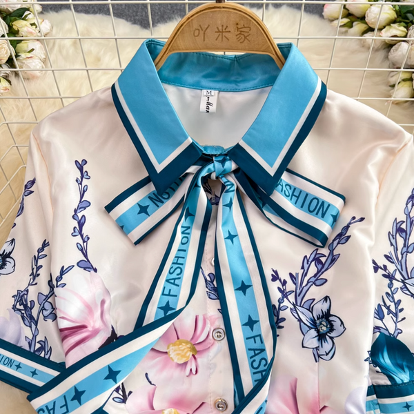 Lace-up Pleated Floral Shirt Dress