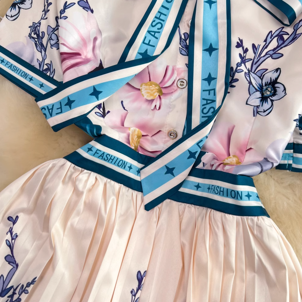 Lace-up Pleated Floral Shirt Dress