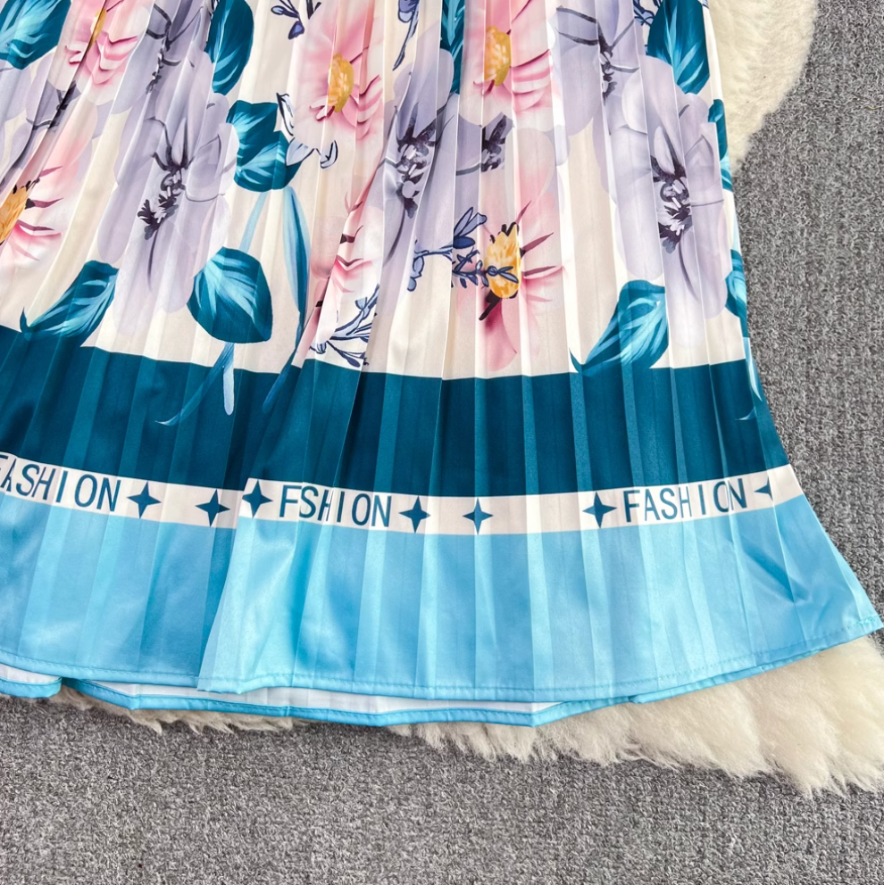 Lace-up Pleated Floral Shirt Dress