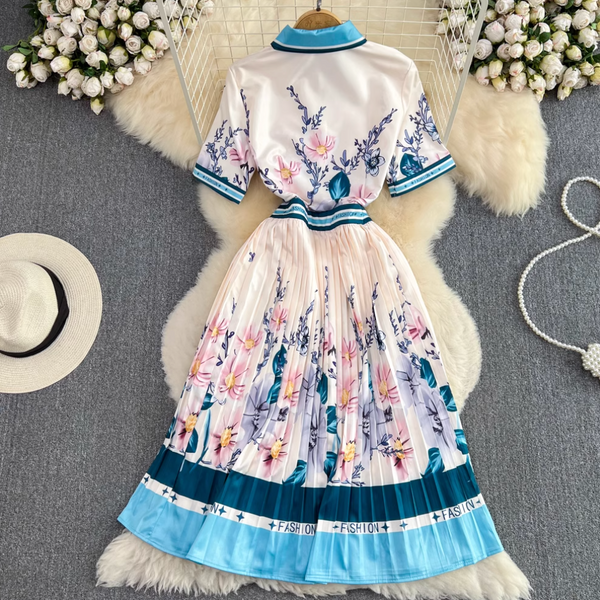 Lace-up Pleated Floral Shirt Dress