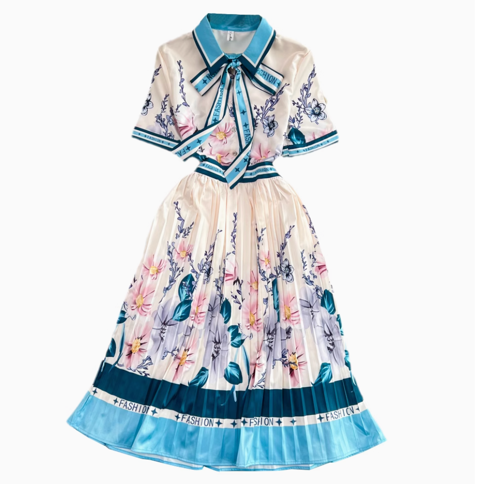 Lace-up Pleated Floral Shirt Dress
