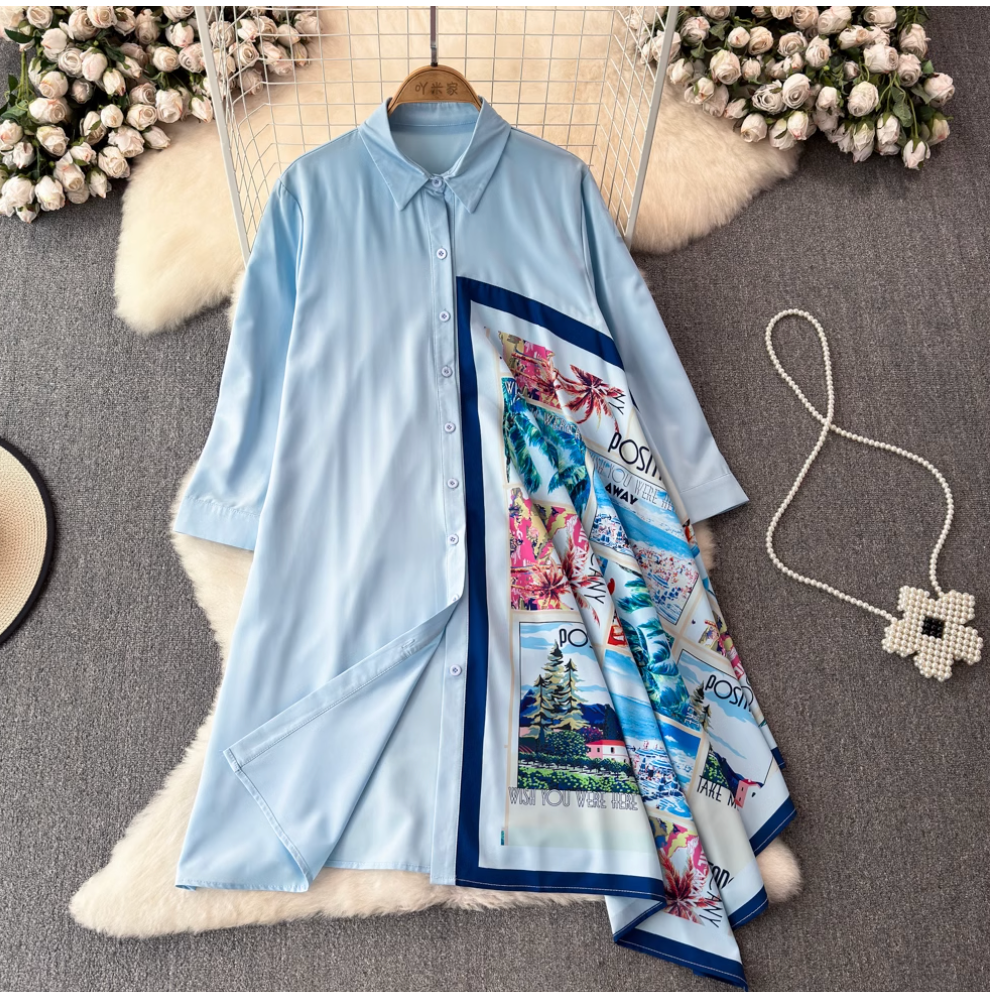 Asymmetric Painting Printed Shirt Dress