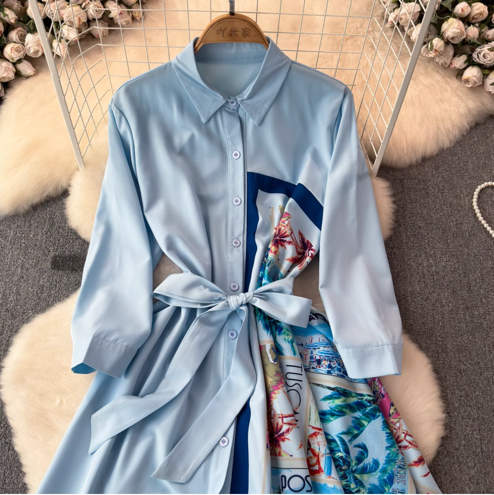 Asymmetric Painting Printed Shirt Dress