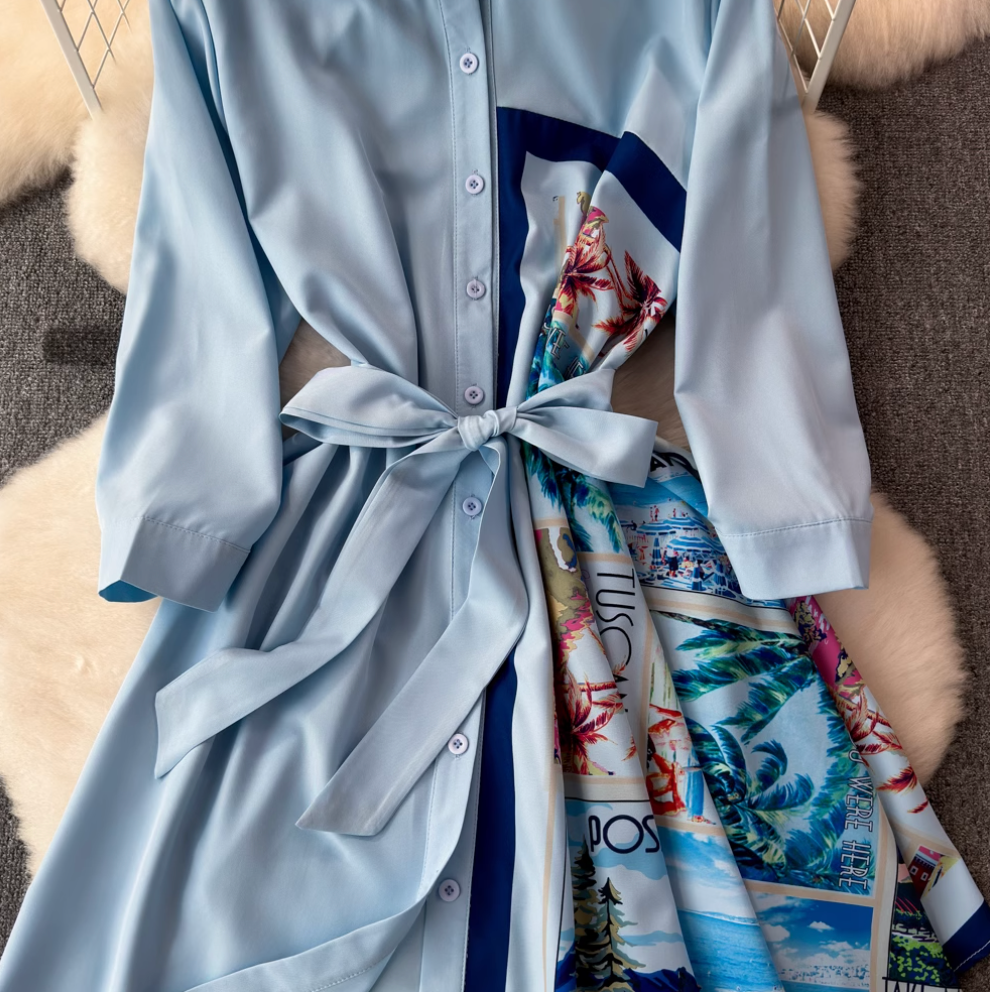 Asymmetric Painting Printed Shirt Dress