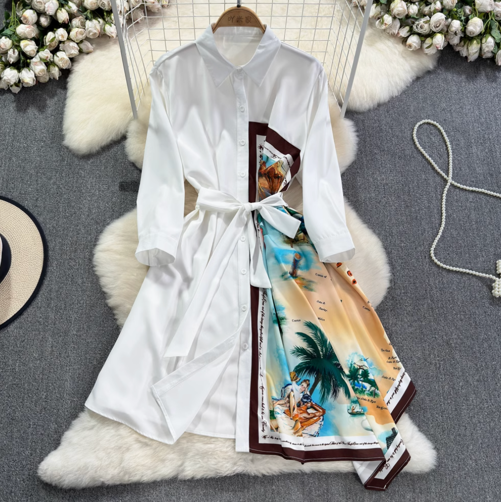 Asymmetric Painting Printed Shirt Dress