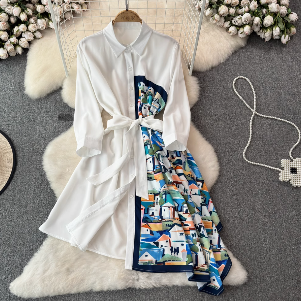 Asymmetric Painting Printed Shirt Dress