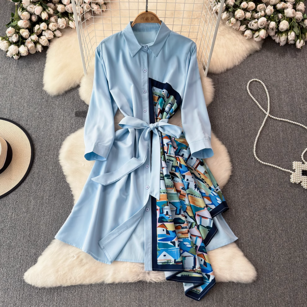 Asymmetric Painting Printed Shirt Dress