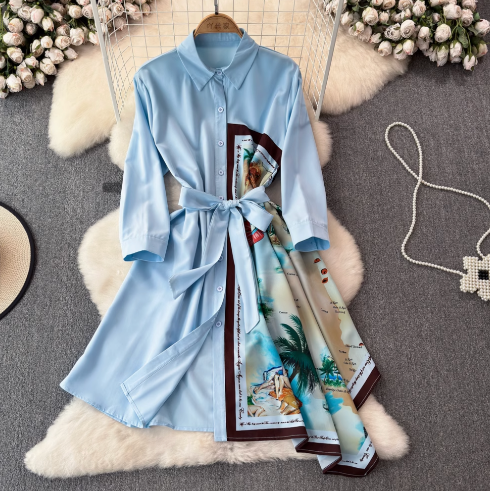 Asymmetric Painting Printed Shirt Dress
