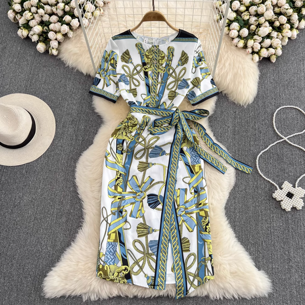 Premium Bow-tie Printed Split Dress