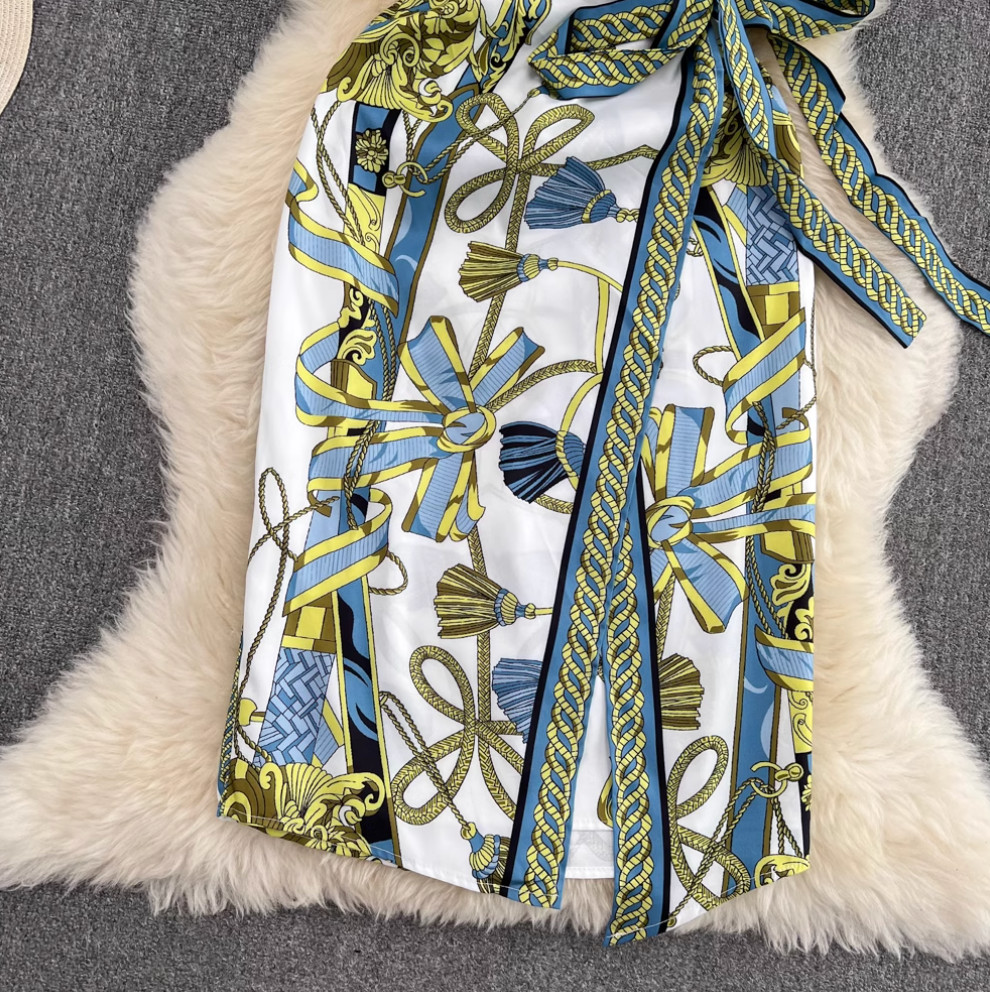 Premium Bow-tie Printed Split Dress