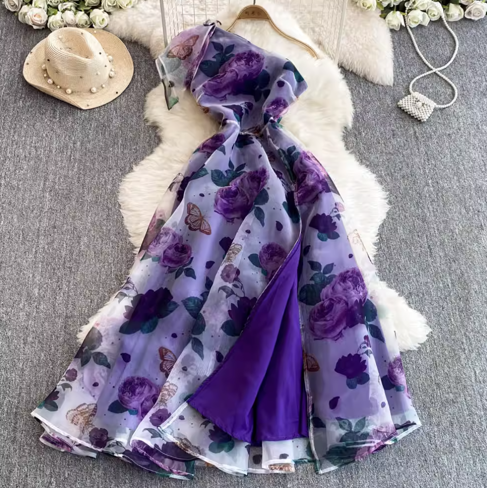 Slant Neckline Ruffled Floral Dress