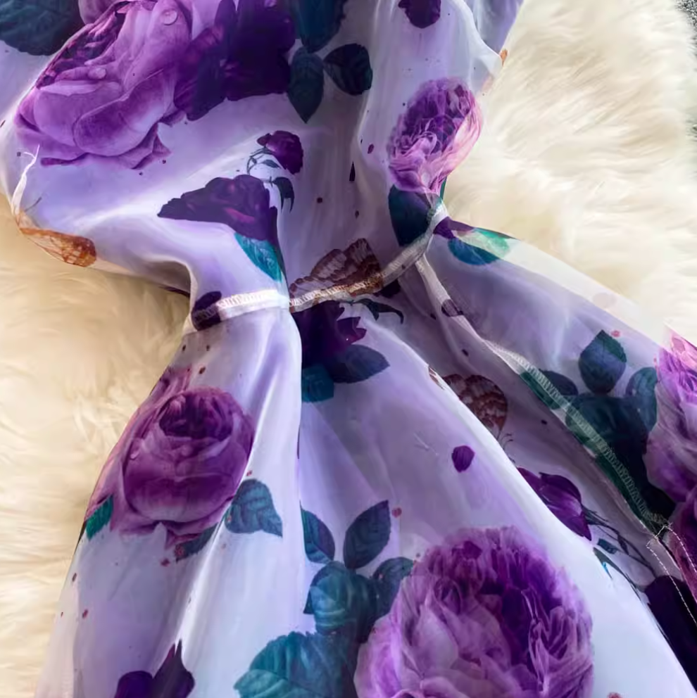 Slant Neckline Ruffled Floral Dress