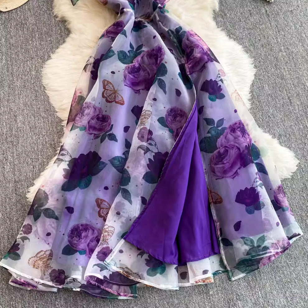Slant Neckline Ruffled Floral Dress