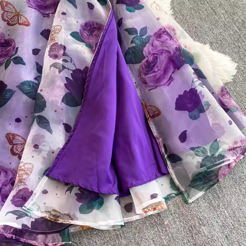 Slant Neckline Ruffled Floral Dress