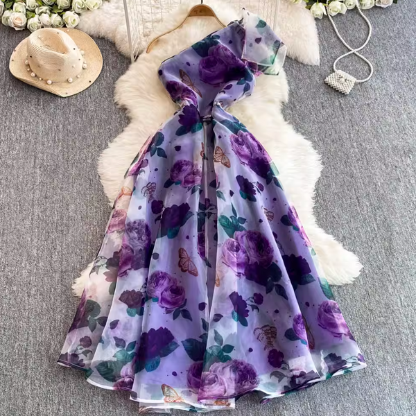 Slant Neckline Ruffled Floral Dress