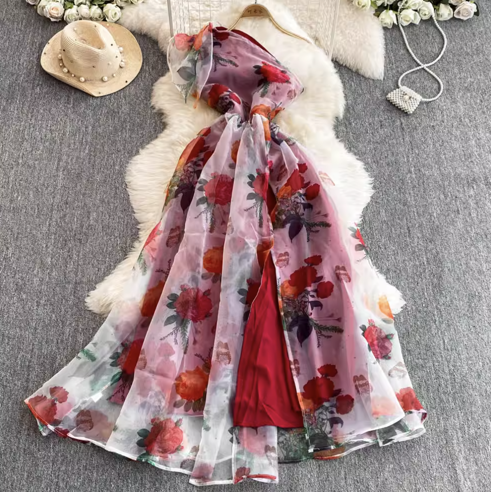 Slant Neckline Ruffled Floral Dress